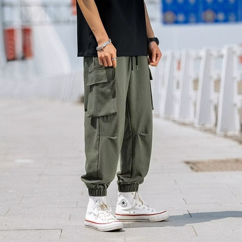 Men's Loose Tapered Cargo Pants Mid Waist Cropped Summer