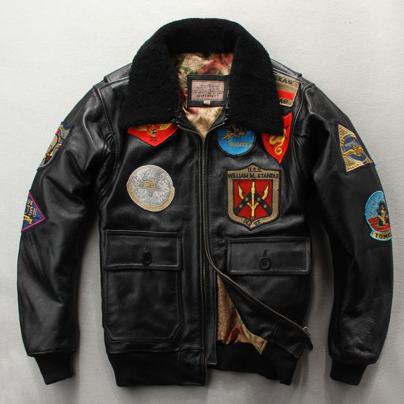 Blouson de moto court en cuir de vachette brodé pour homme