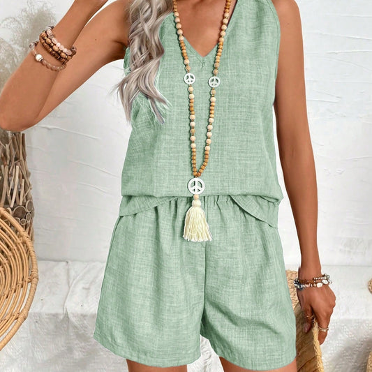 Women Fashionable Loose Fit Casual Vest And Shorts Set