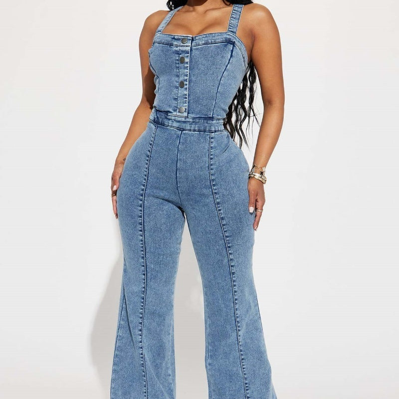 Women's Washed Blue Cotton Denim Suspender Jumpsuit Wide-Leg Slim Fit