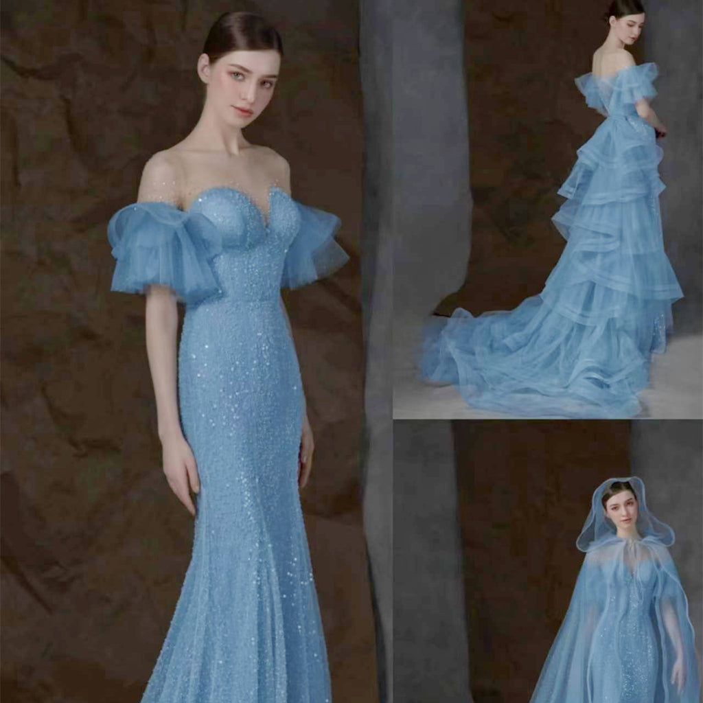 Women's Fashion Heavy Worker Fish Beaded Dress Blue Polyester Fiber