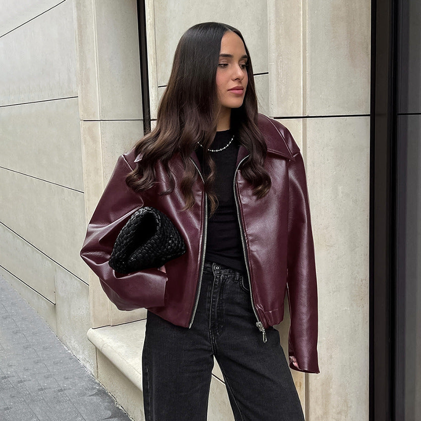 Wine Red Retro Biker Style Matte Leather Jacket Coat