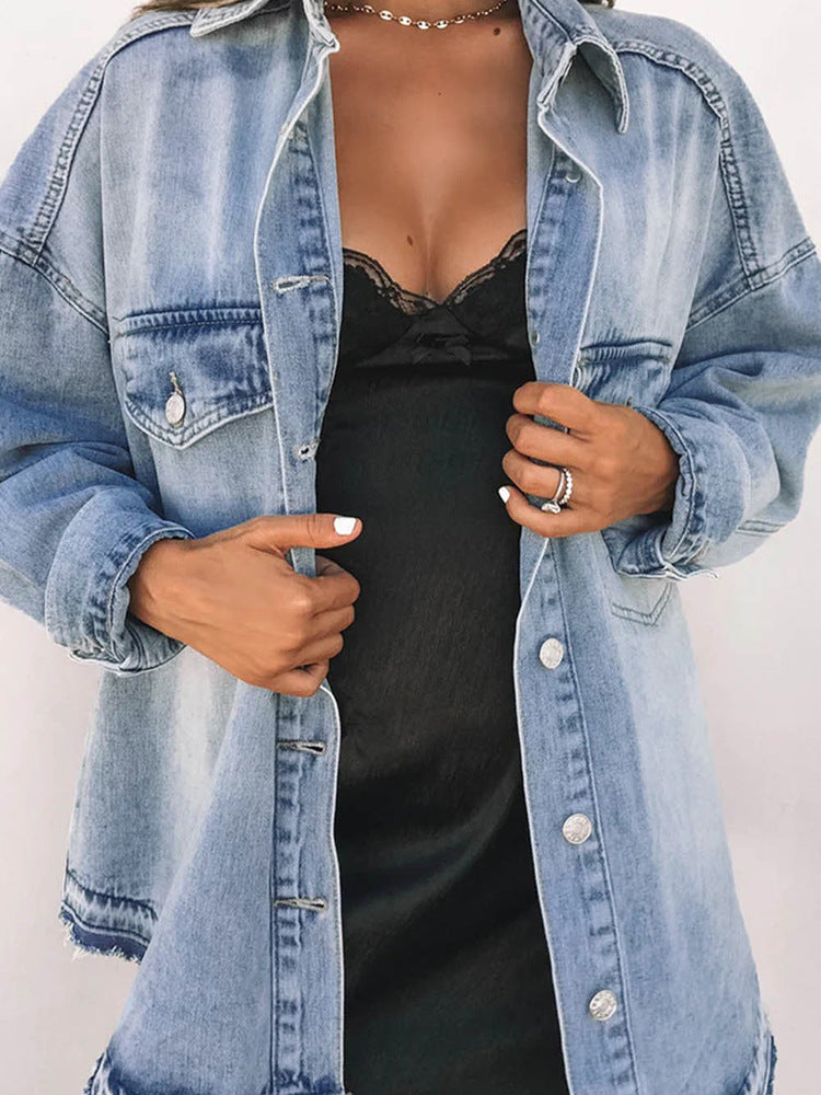 Haut à manches longues en jean de coton de style rétro pour femme