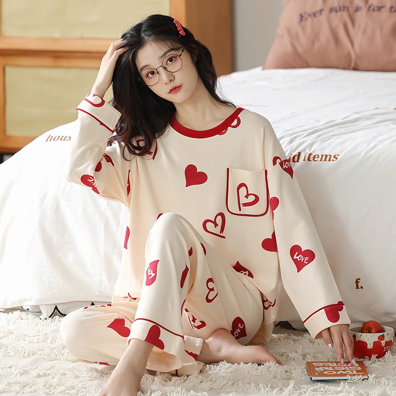 Ensemble de pyjama en coton mélangé imprimé ample pour femme - Haut à manches longues et pantalon - Vêtements de nuit et de détente pour automne et hiver