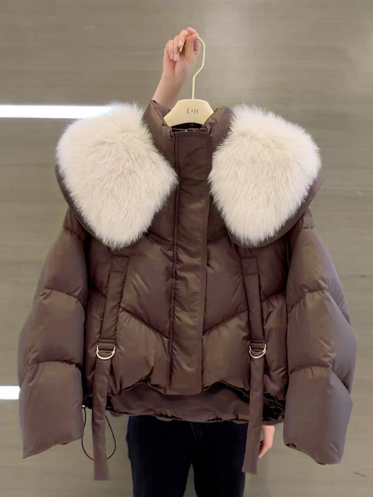Manteau d'hiver matelassé en coton noir avec col en fourrure pour femme