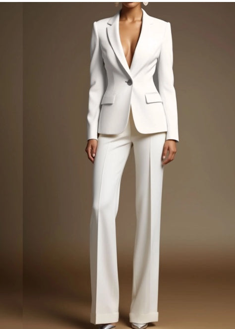 Ensemble tailleur 2 pièces blazer et pantalon blanc