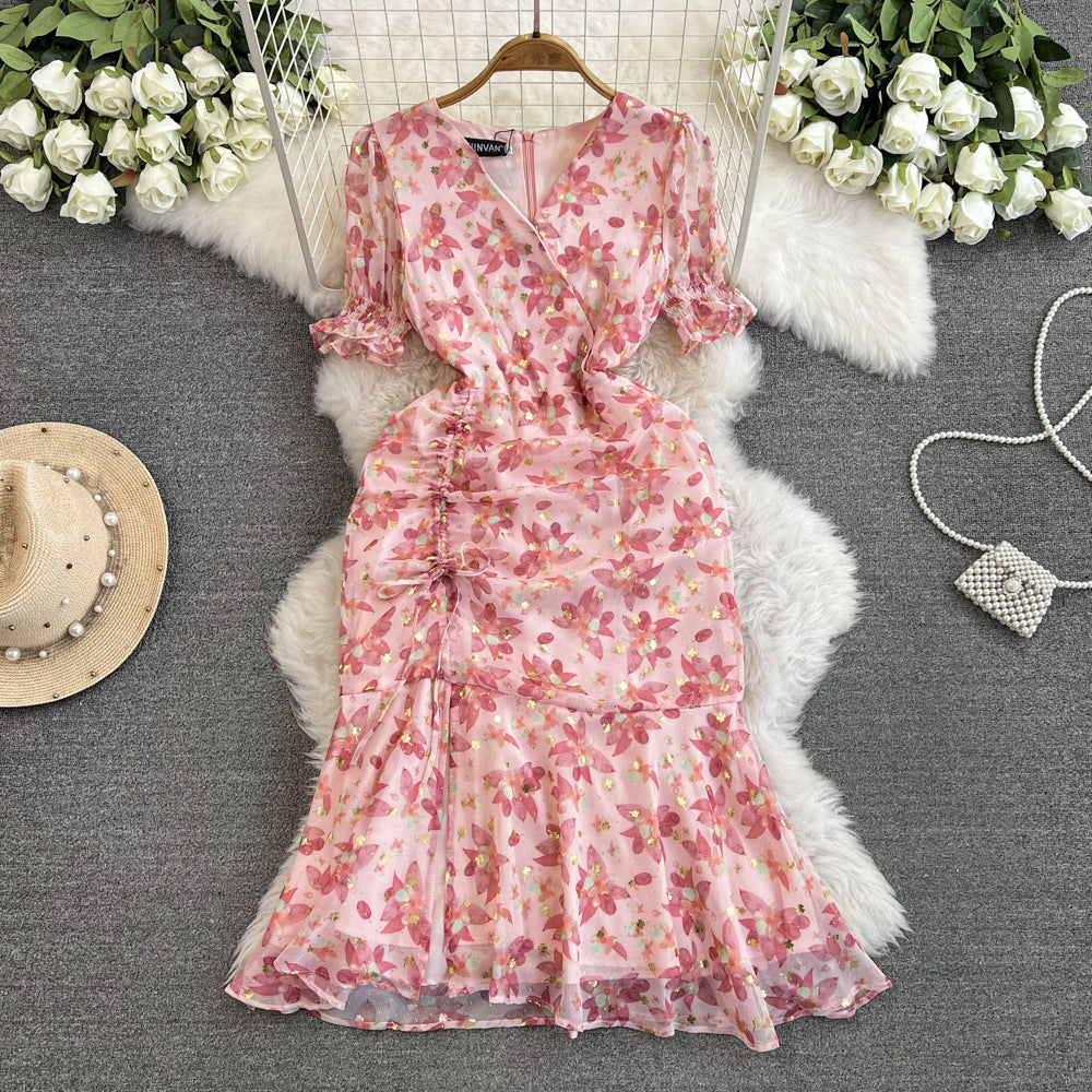 Pink Small Floral Chiffon Slim Fishtail Dress with Princess Sleeves