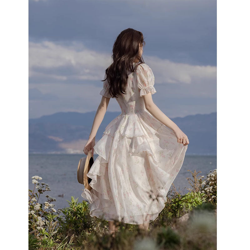 French Style Retro Princess Floral Chiffon Dress