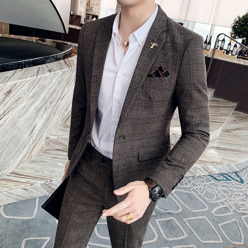 Men's Slim Fit Casual Plaid Two-Piece Suit
