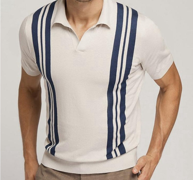 Polo décontracté d'été pour homme, manches courtes, rayé, coupe ajustée, col revers