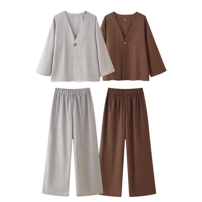 Cotton And Linen Casual Loose V-neck Solid Color Two-piece Set