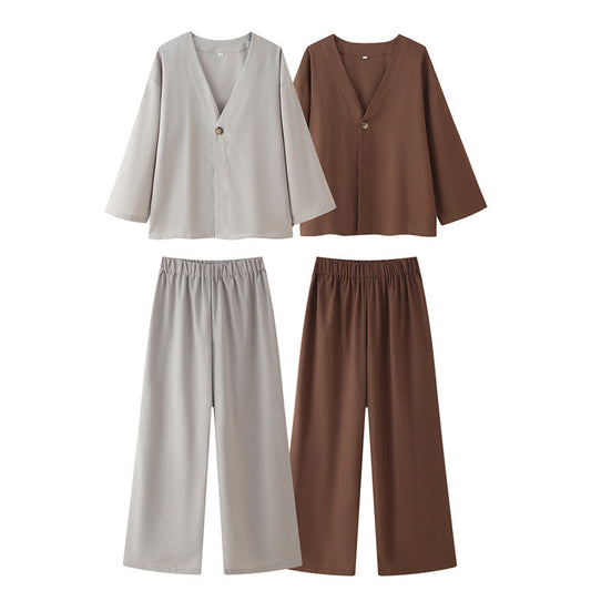 Cotton And Linen Casual Loose V-neck Solid Color Two-piece Set