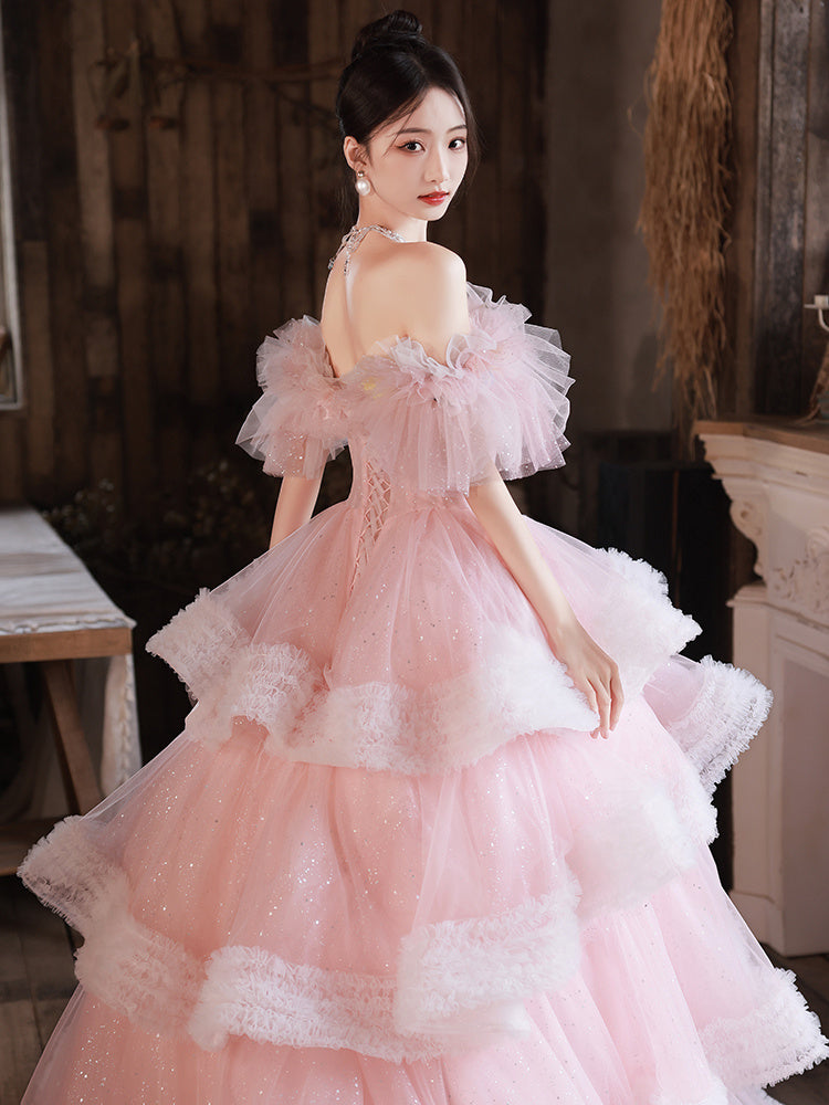 Women's One Shoulder High-End Banquet Flower Dress, Short Sleeve, Long Skirt