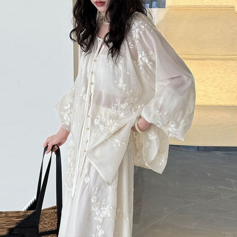 Chinese Style Embroidery Apricot Lantern Sleeve Mid-Length Dress Set M-L