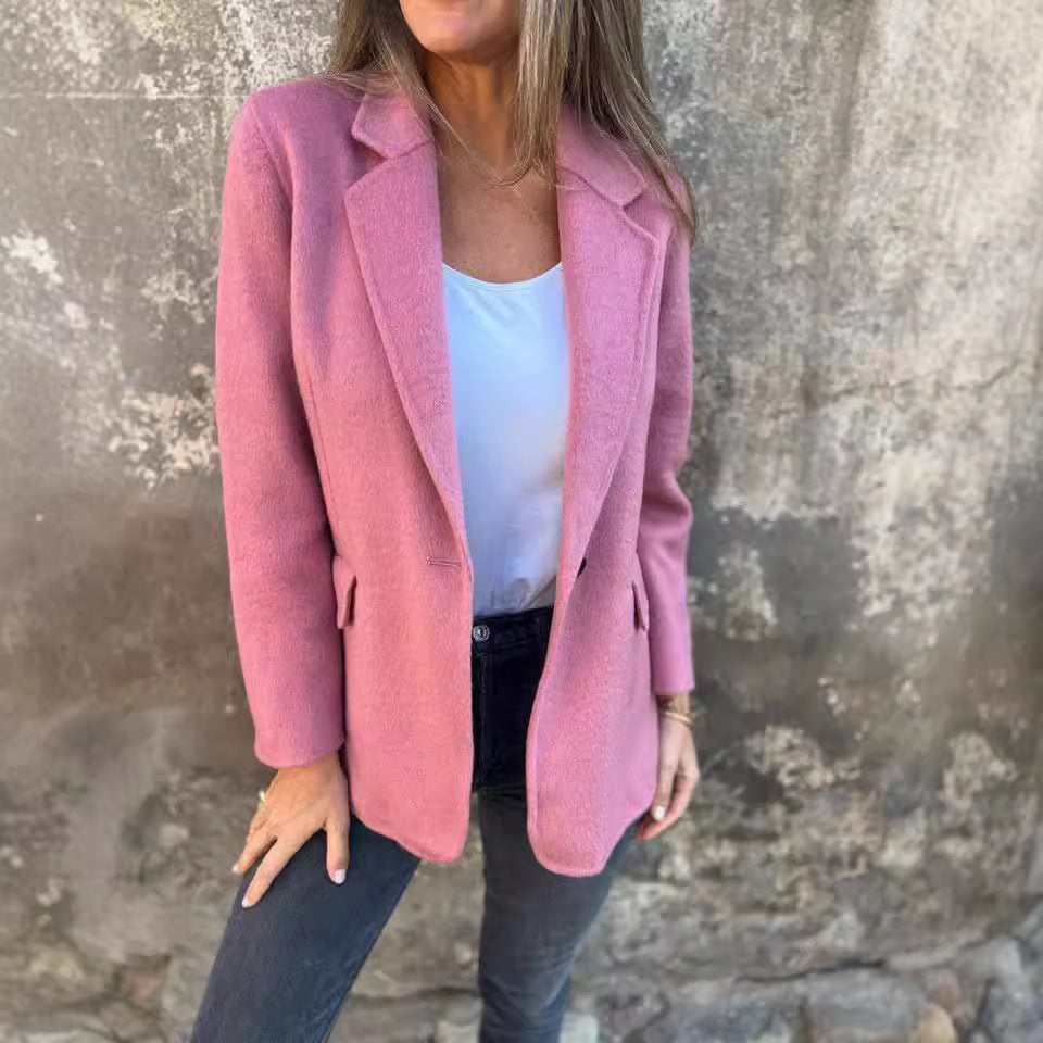 Women's Short Button Lapel Woolen Blazer Winter Commuter Jacket