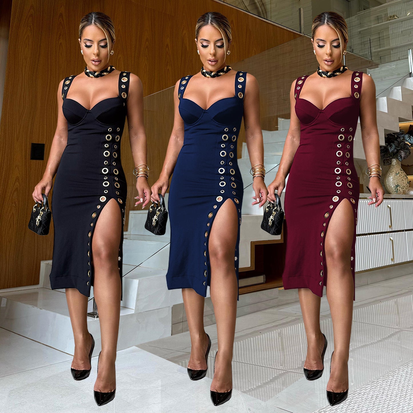 Slim-fit Buttoned Decorative Sexy Dress