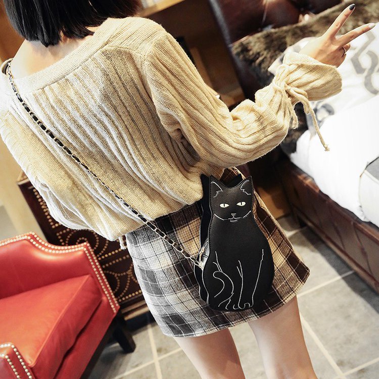 Cute Cartoon Style Black PU Handbag Large Capacity Casual Bag 10x7x15cm