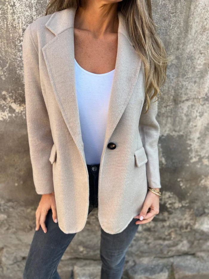 Women's Short Button Lapel Woolen Blazer Winter Commuter Jacket