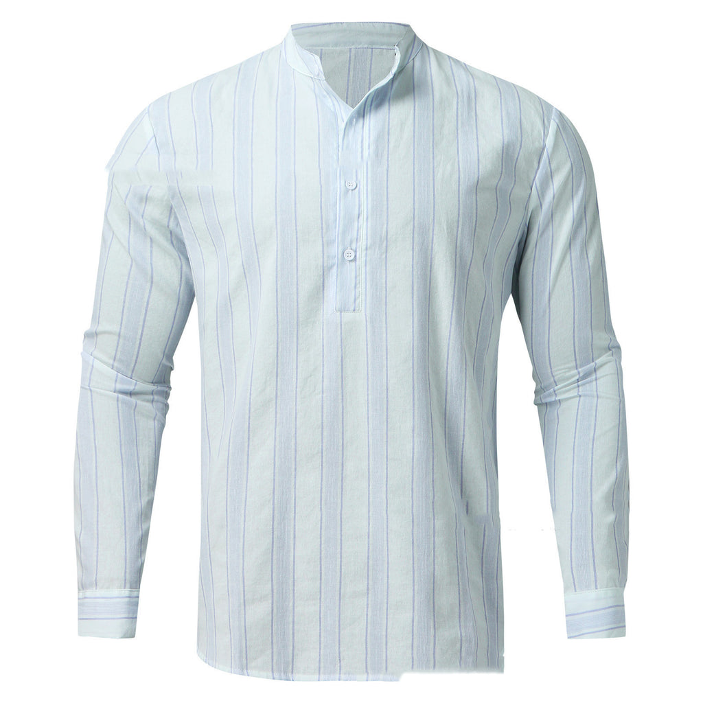 Men's White Striped Cotton Long Sleeve Stand Collar Shirt