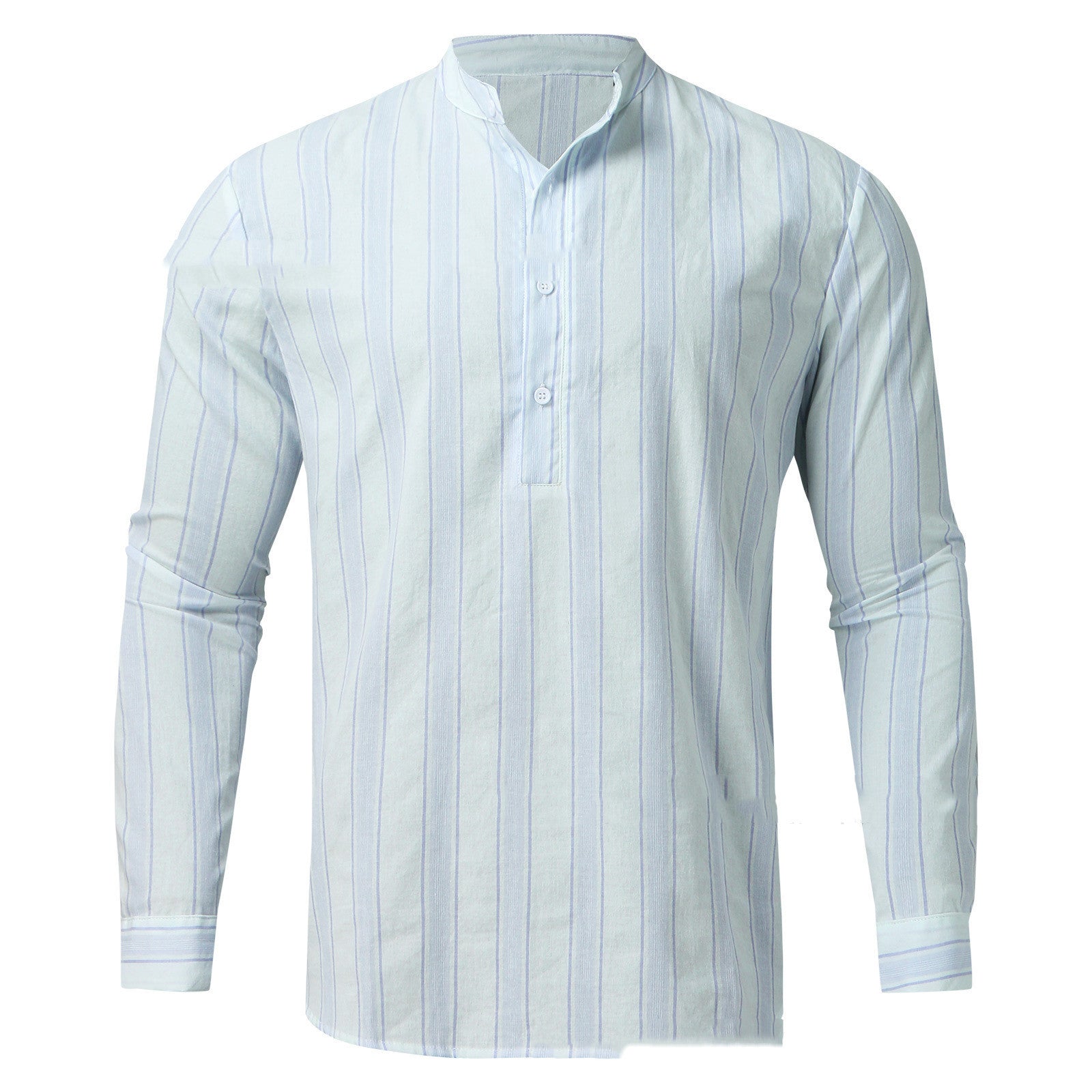 Men's White Striped Cotton Long Sleeve Stand Collar Shirt