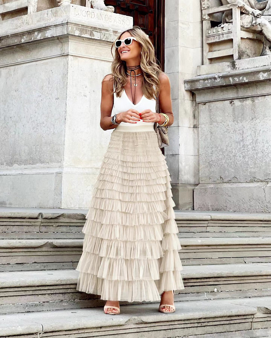 Robe de soirée d'été trapèze évasée en tulle à volants superposés pour femme