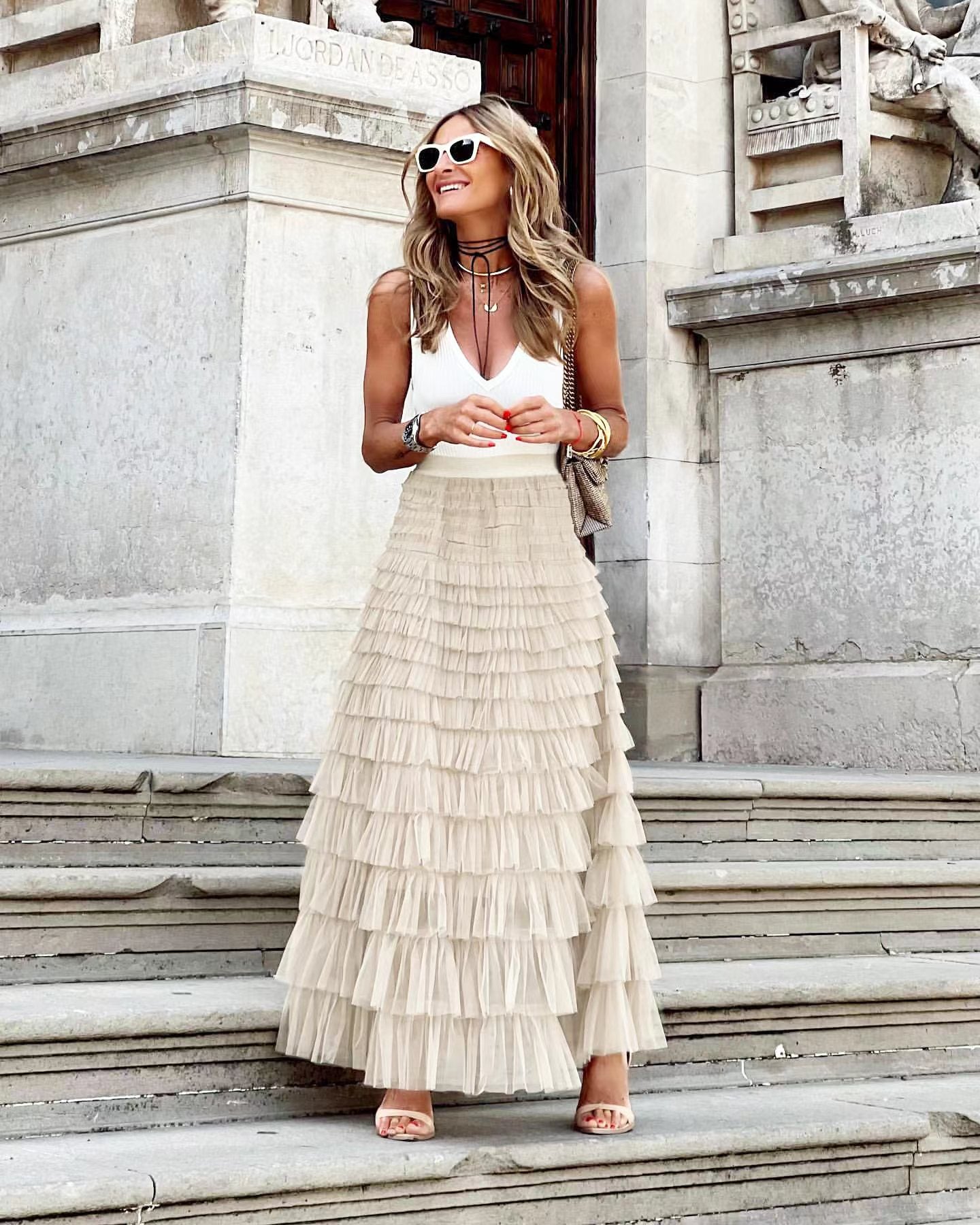 Layered Ruffles Mesh A-Line Swing Skirt Summer Party Dress for Women