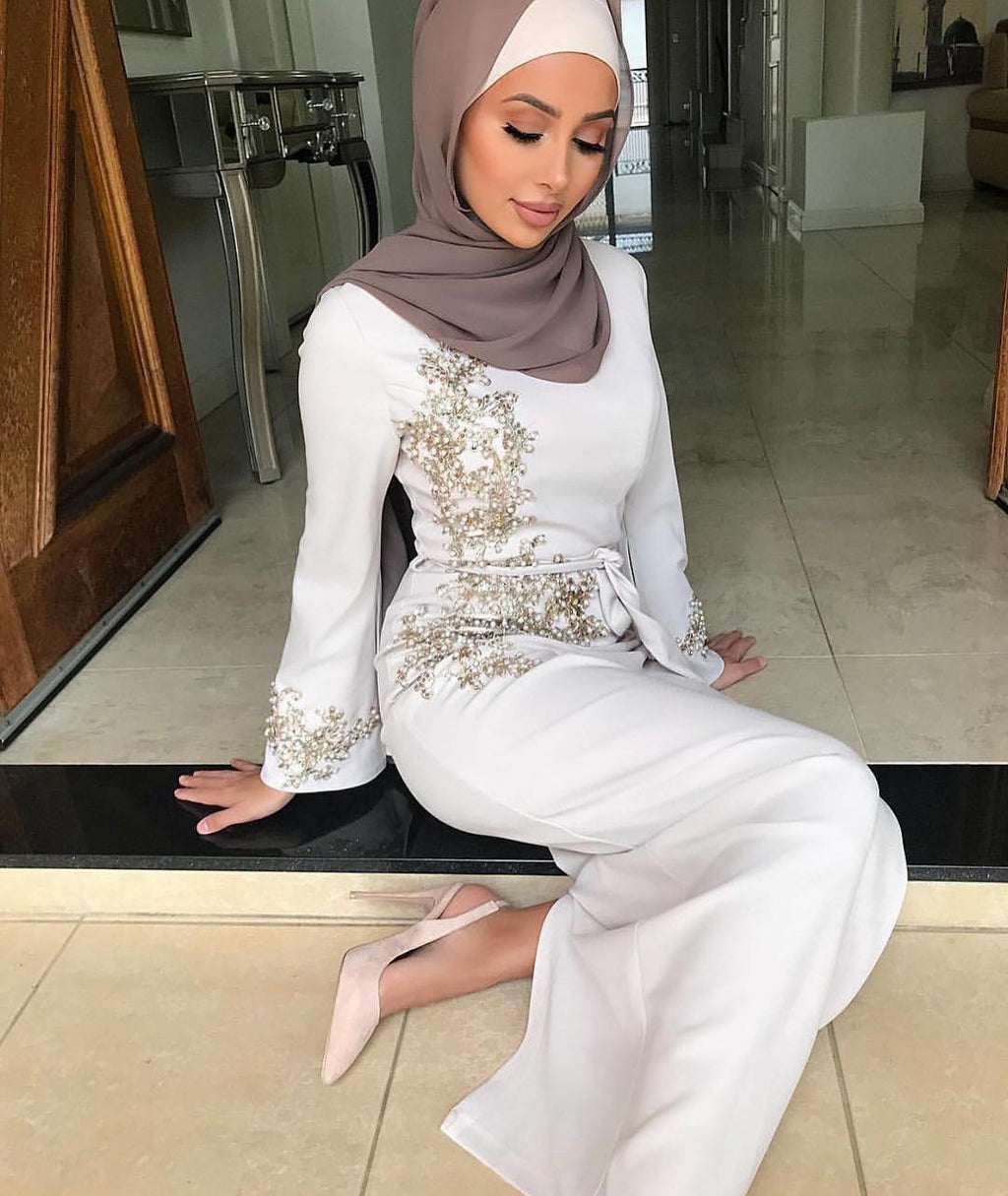 Robe longue musulmane brodée en mélange de coton avec manches trompette