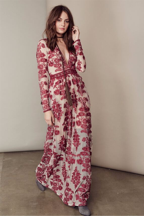 Blue floral embroidery temperament slim deep V-neck dress