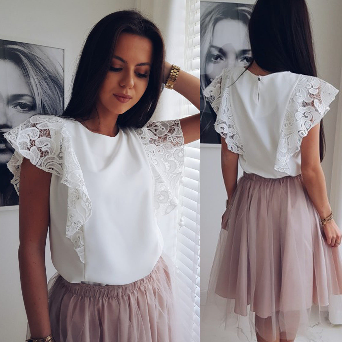 European & American Ladies Cotton Lace Short Sleeve Shirts