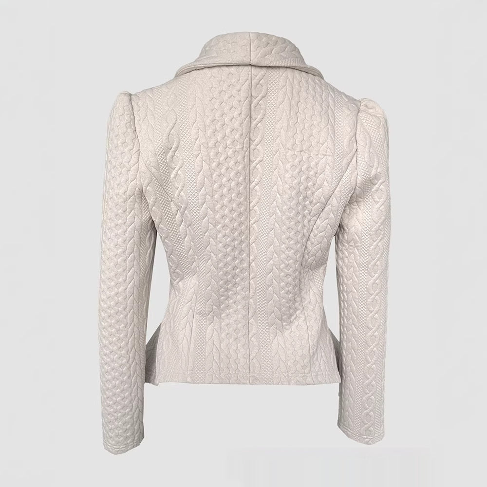 Womens Khaki Knitted Jacquard Lapel Coat with Fitted Waist and Long Sleeves