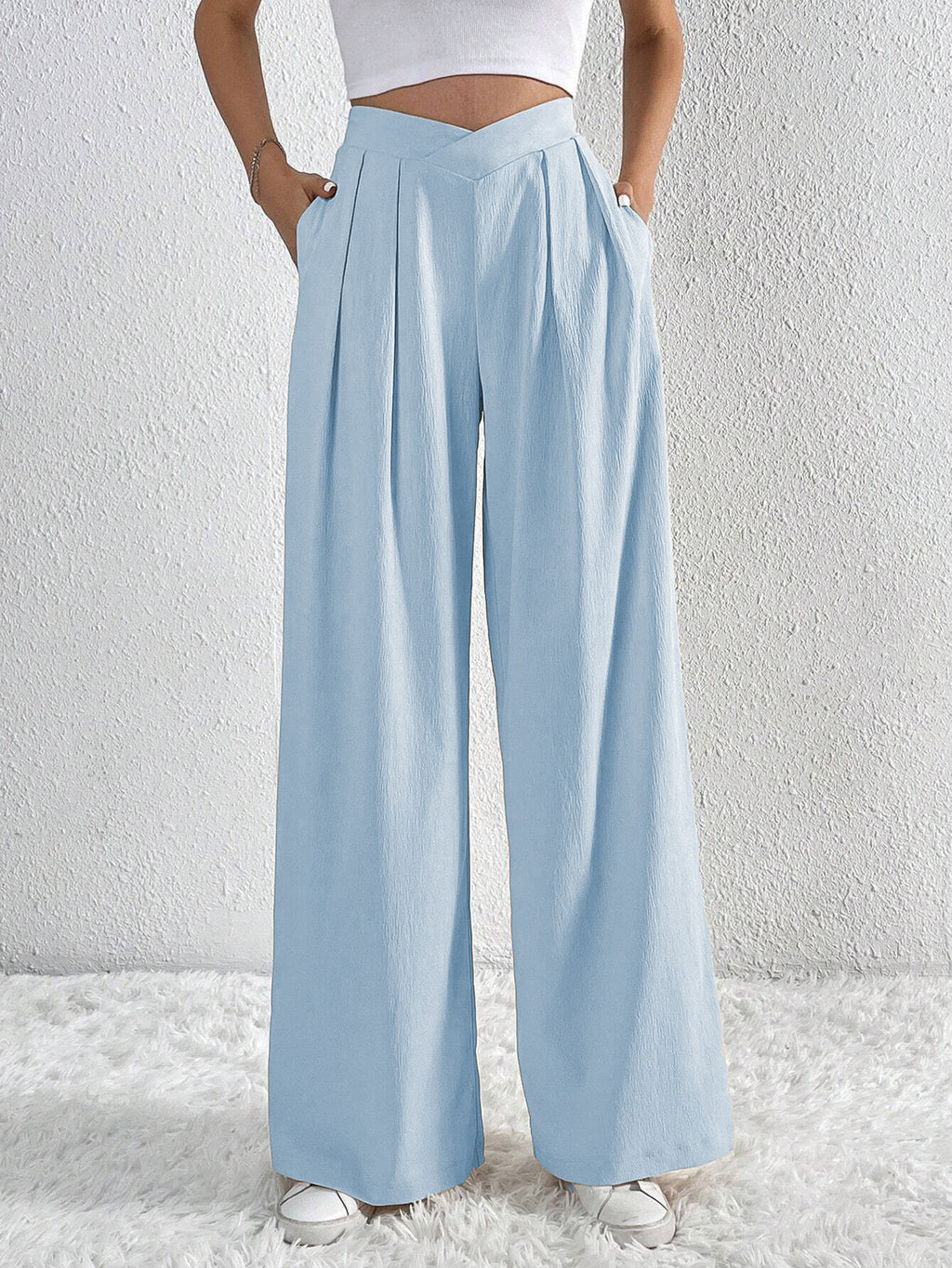 Summer Solid Color Pleated Wide-Leg Casual Pants for Women