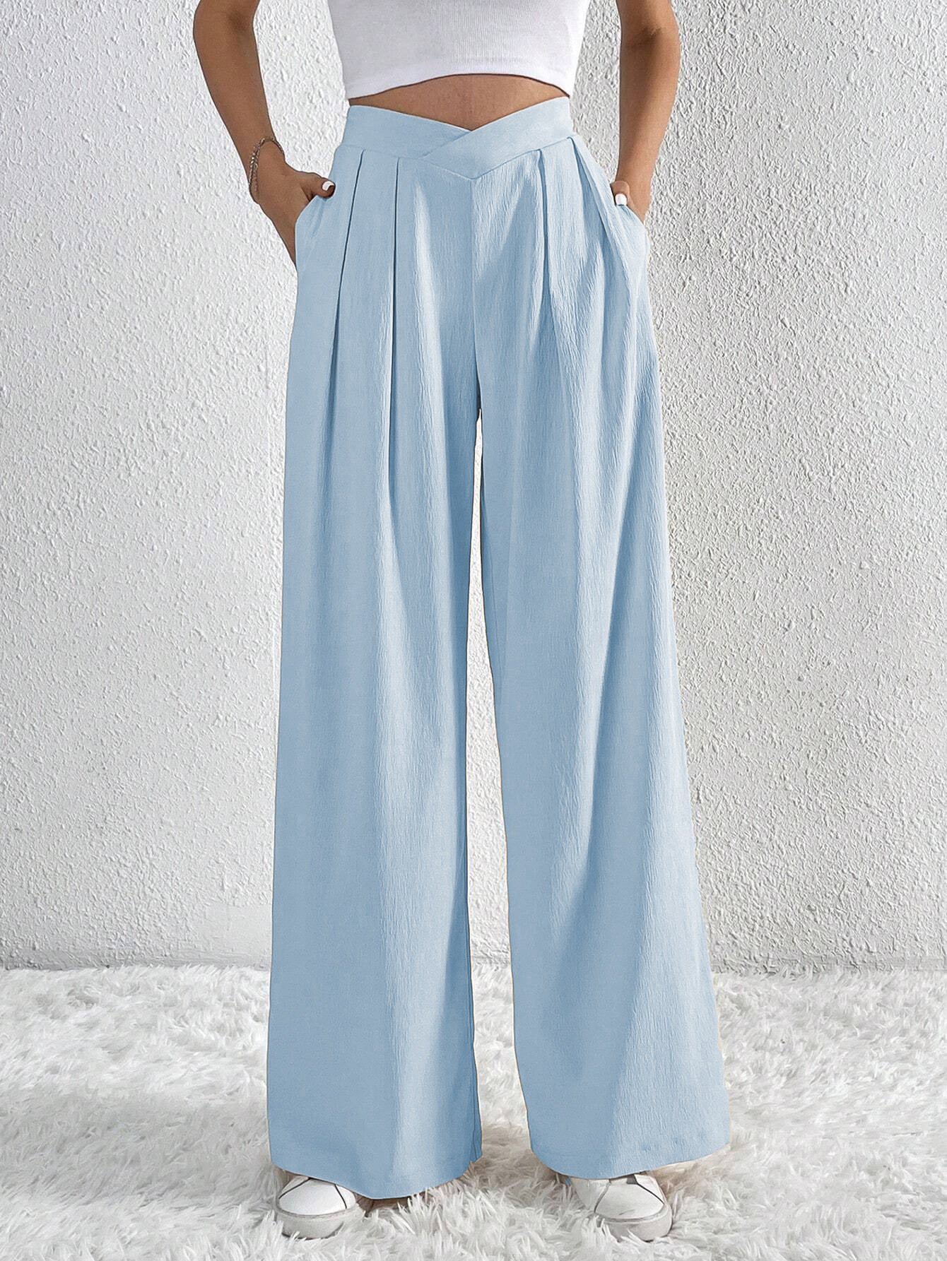 Summer Solid Color Pleated Wide-Leg Casual Pants for Women