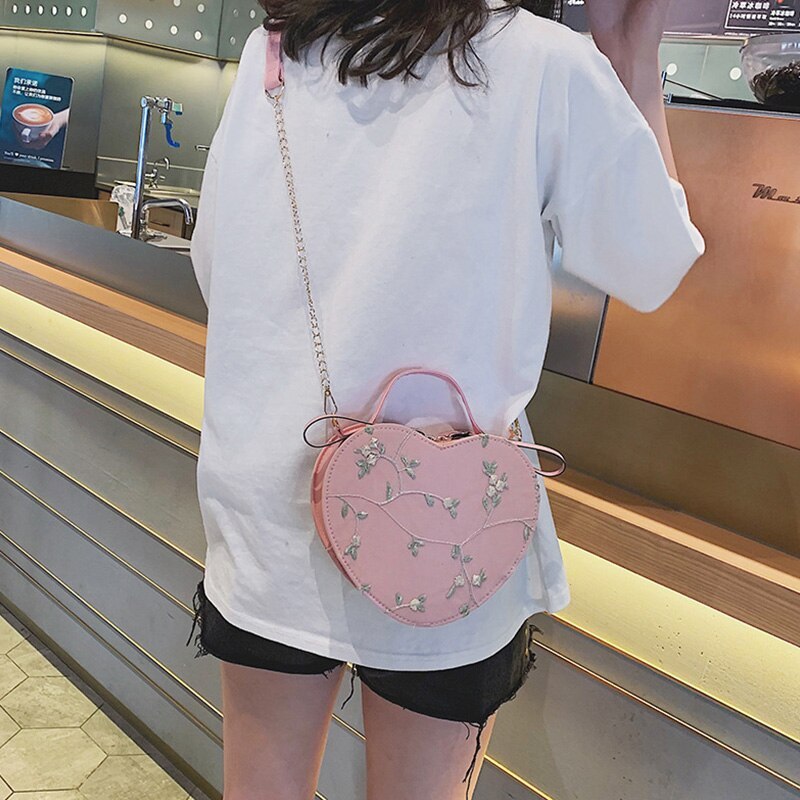 Peach Lace Heart Lock Shoulder Bag for Women 32x23x13cm