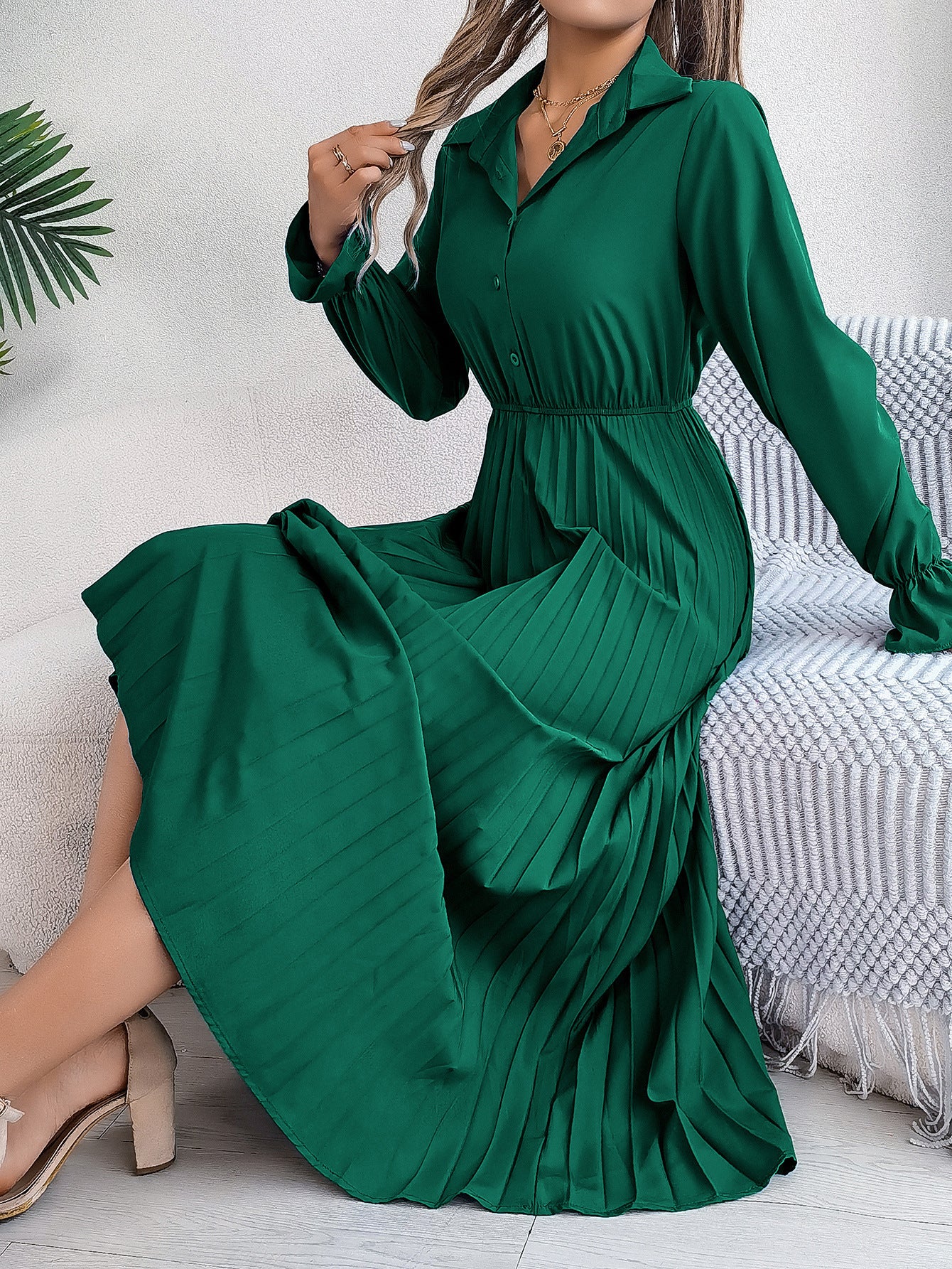 Autumn & Spring Long Sleeve Pleated Dress with Lapel and Button