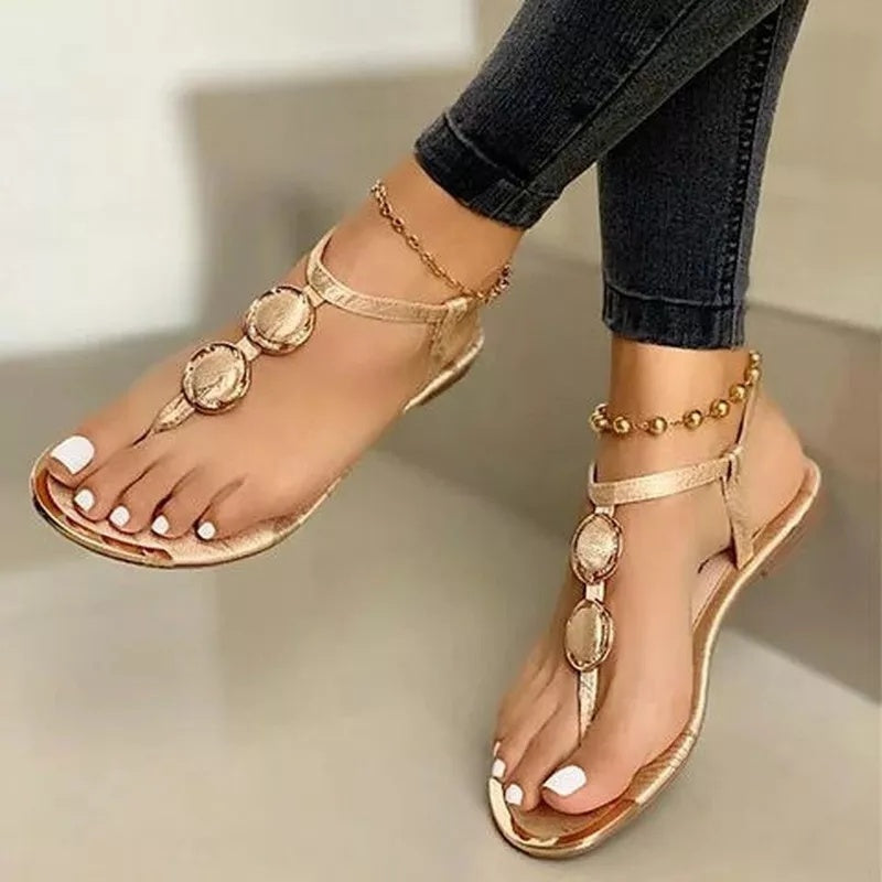 Women's Flat Summer Beach Sandals with Buckle - White, Black, Gold, Sizes 34-43