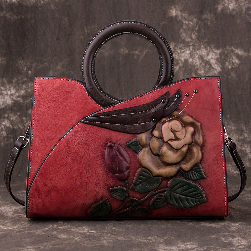 Handmade Women's Leather Handbags with Floral Design and Zipper Closure