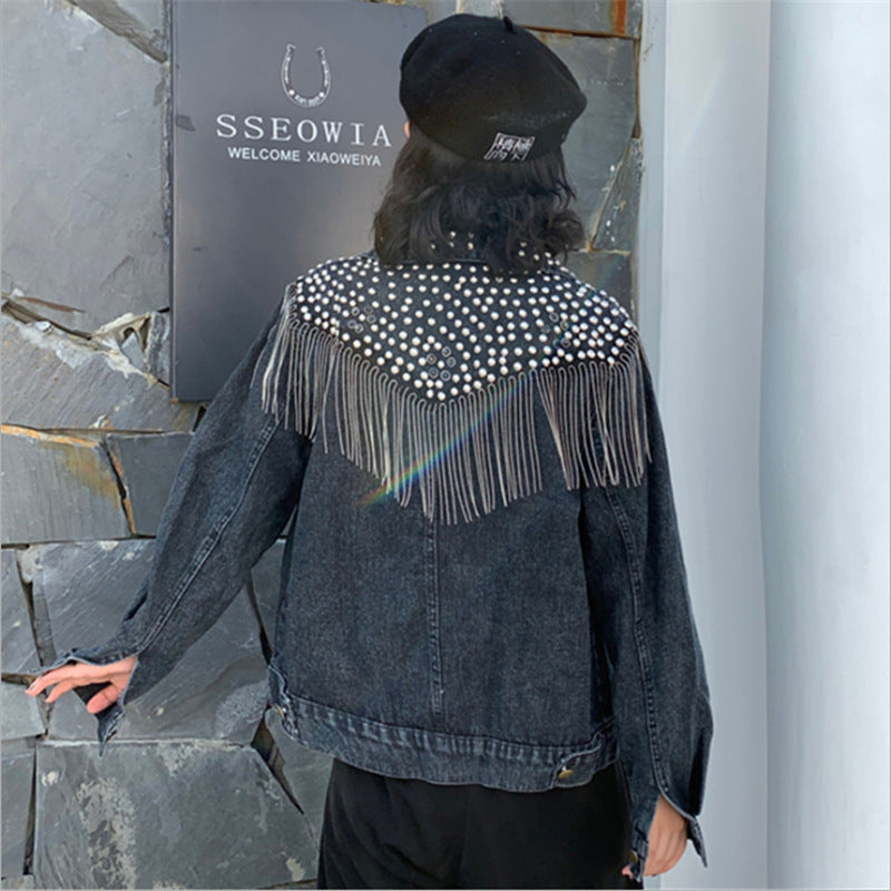 Heavy Industry Beaded Diamond Tassel Short Denim Jacket