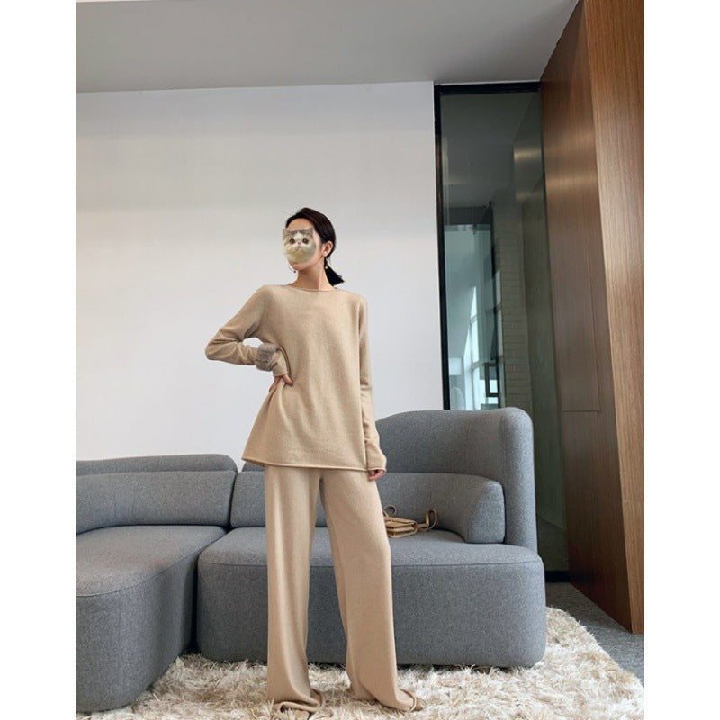 Ensemble deux pièces en maille de laine avec pull et pantalon large Noir, Marron, Beige
