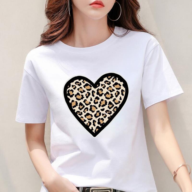 Modal Fabric Women's Leopard Print Heart Short Sleeve Top
