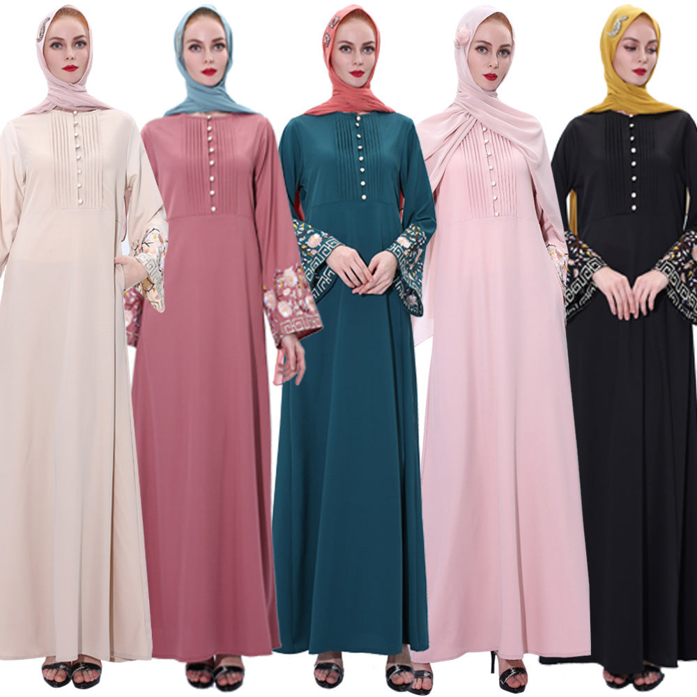 Retro Slim Muslim Women's Summer Dress with Embroidery