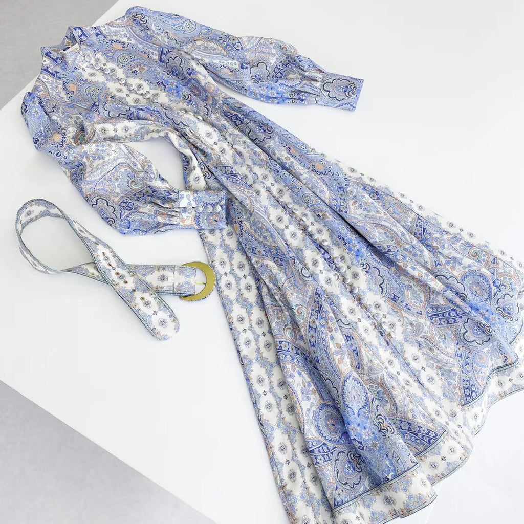 Blue Linen Print Women’s Dress