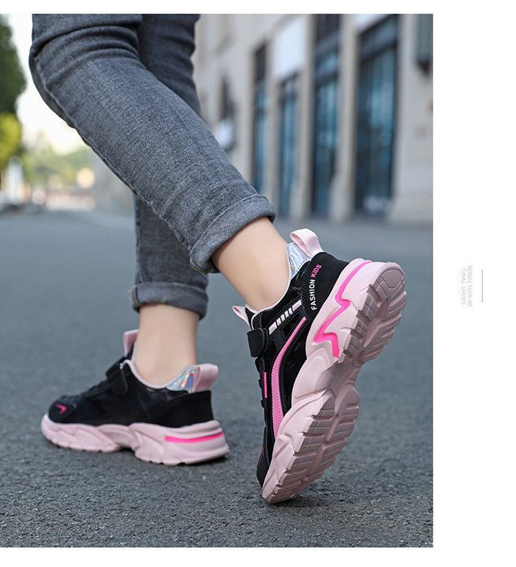 Baskets décontractées en cuir imperméable pour filles – Rose et noir, Tailles 27-40