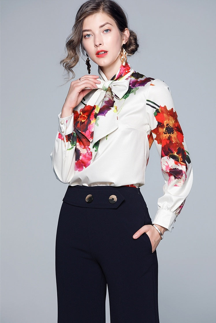 Women's White Long Sleeve Shirt with Bow Ribbon Print