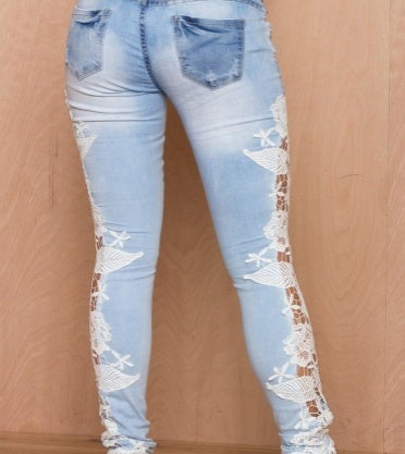 Dark Denim Lace Jeans with Stretch Cotton Spandex Blend