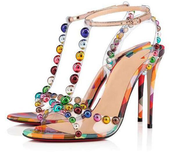 Bubble-trimmed PVC Color Round Bead Rivets T-strap High-heeled Sandals With Stiletto Heels