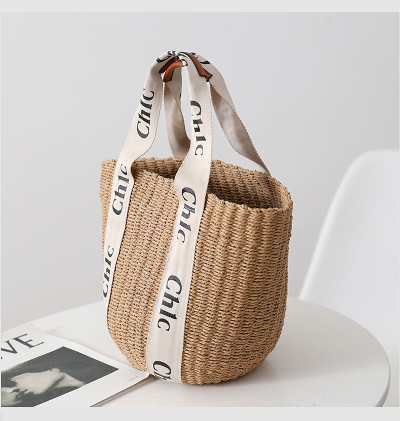 Hand-Woven Paper Bucket Bag for Women with Shoulder Strap