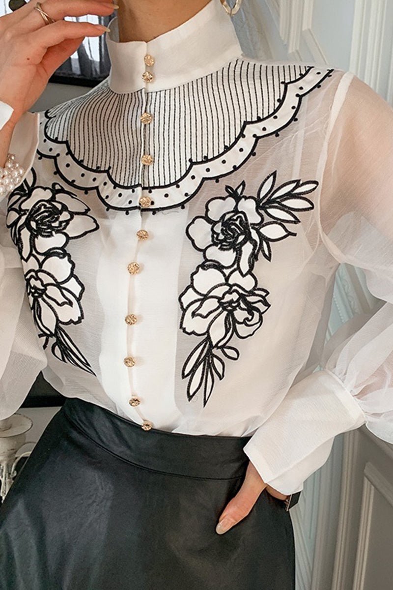 Women's Embroidered Flower Mesh Lantern Sleeve Shirt, One Size