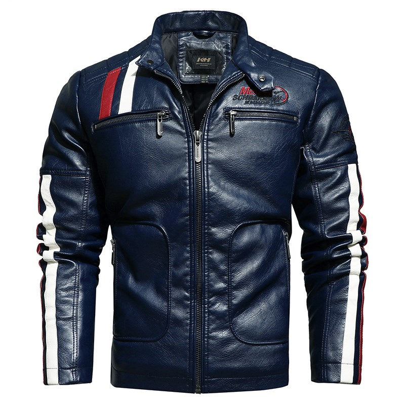 Men's Slim-Fit Short Embroidered PU Leather Jacket with Stand-Up Collar