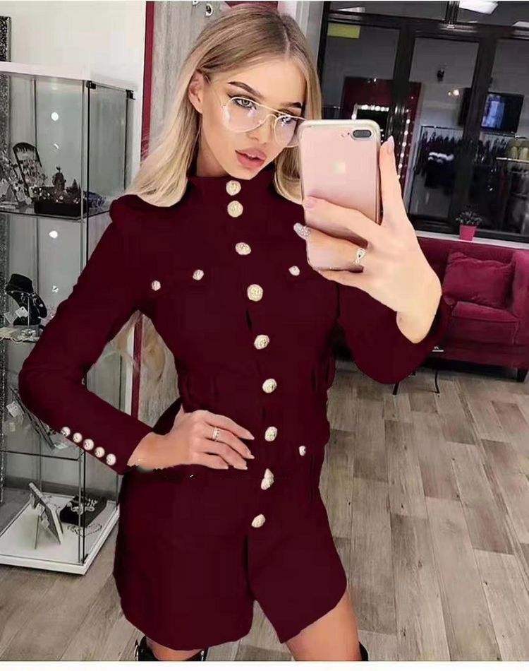 Long Sleeve Black Button Dress with Bow Tie and Stand Collar