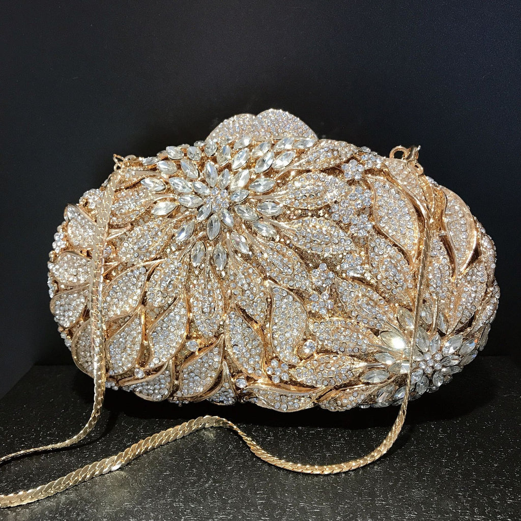Leaf Flower Diamond Inlaid Hard Oval Dinner Bag